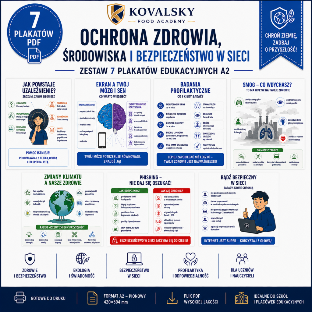 Ochrona zdrowia, środowiska i bezpieczeństwo w sieci - zestaw 7 plakatów edukacyjnych A2